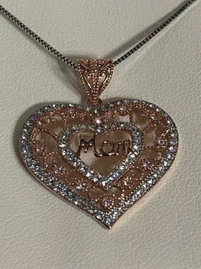 Littman Jewelers Women’s Rose Gold & Diamonds 'Mom' Heart Pendant Necklace NWT